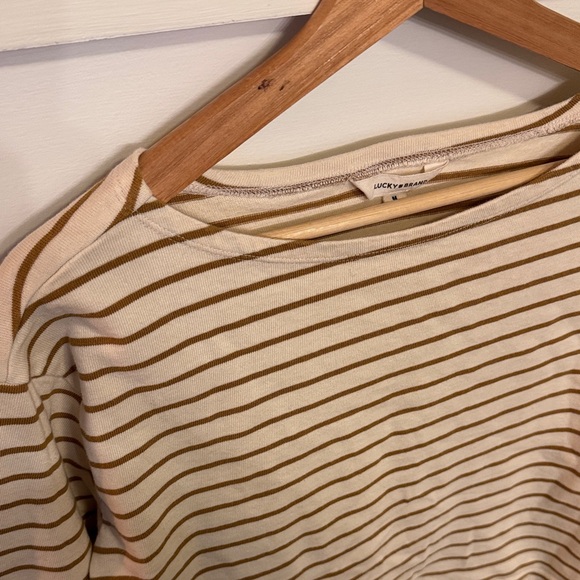 Lucky Brand Women’s Cotton Striped Cropped Long Sleeve Cream Brown Top Tee Y2K M - Picture 2 of 4